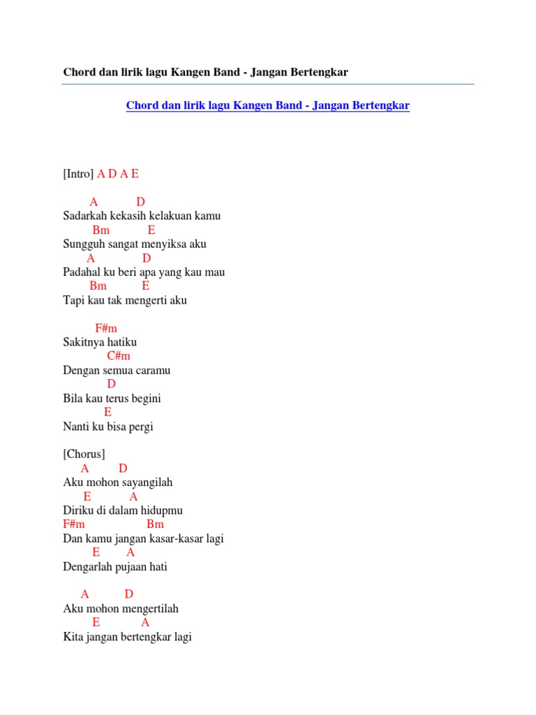 Chord Dan Lirik Lagu Kangen Band - Jangan Bertengkar | PDF