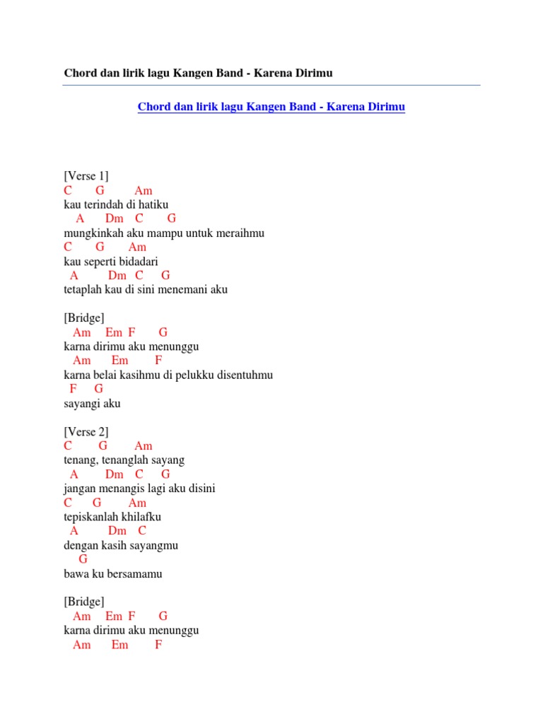Chord Dan Lirik Lagu Kangen Band Karena Dirimu Pdf