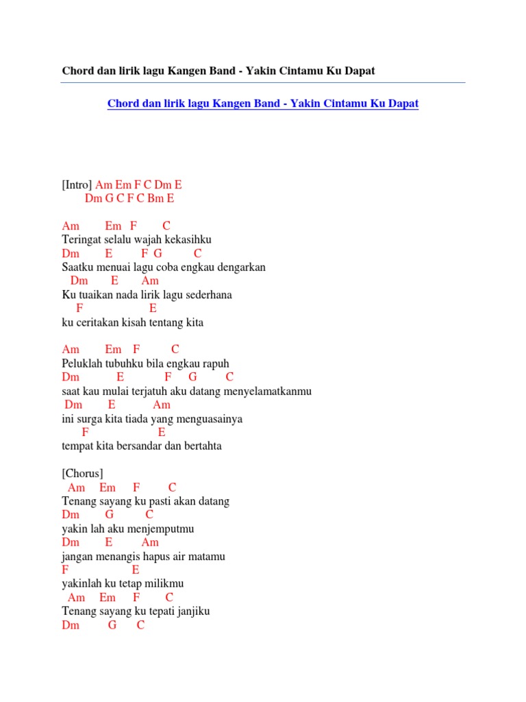 Chord Dan Lirik Lagu Kangen Band Yakin Cintamu Ku Dapat