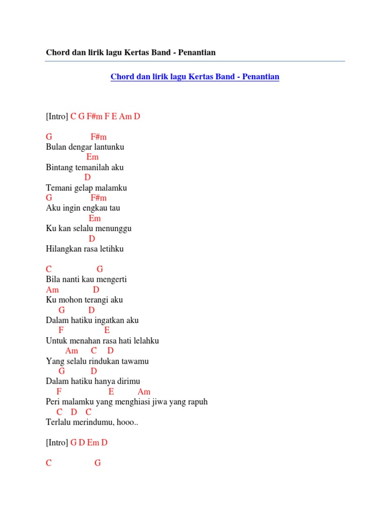 Chord Dan Lirik Lagu Kertas Band Penantian