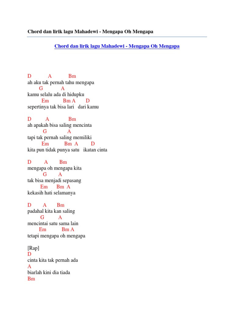 Chord Dan Lirik Lagu Mahadewi Mengapa Oh Mengapa