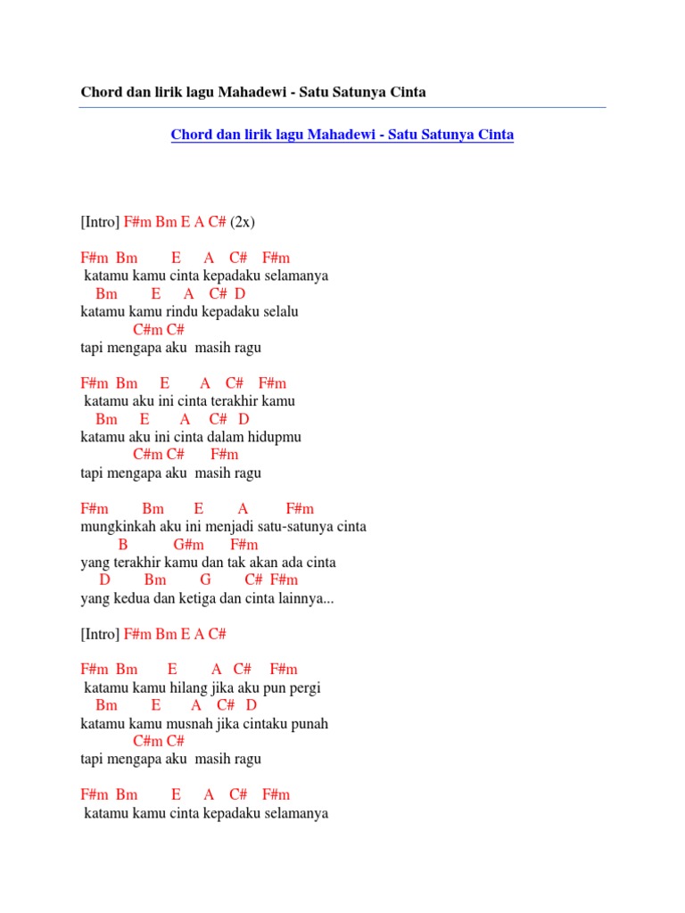 Chord Dan Lirik Lagu Mahadewi Satu Satunya Cinta