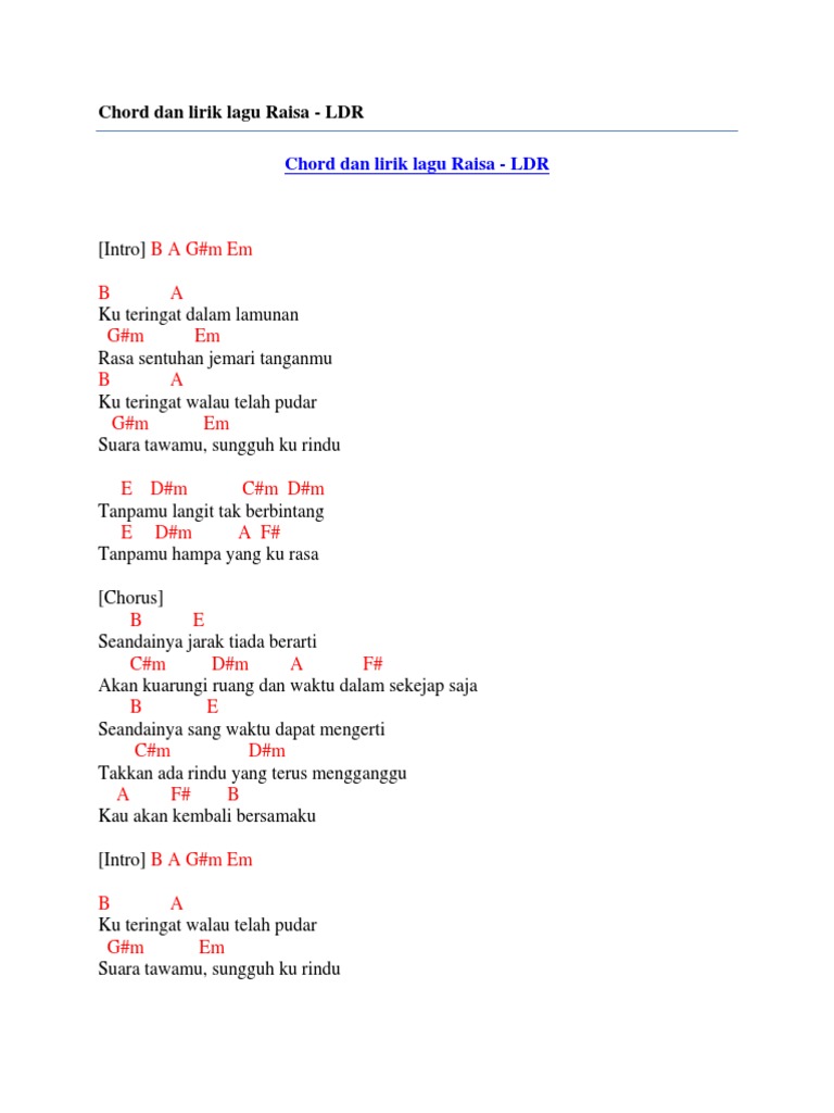 Chord Dan Lirik Lagu Raisa Ldr