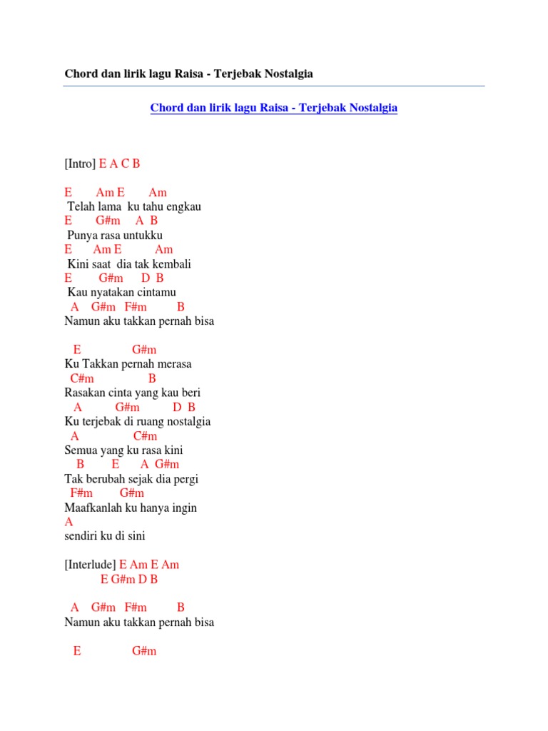 Chord Dan Lirik Lagu Raisa Terjebak Nostalgia Pdf