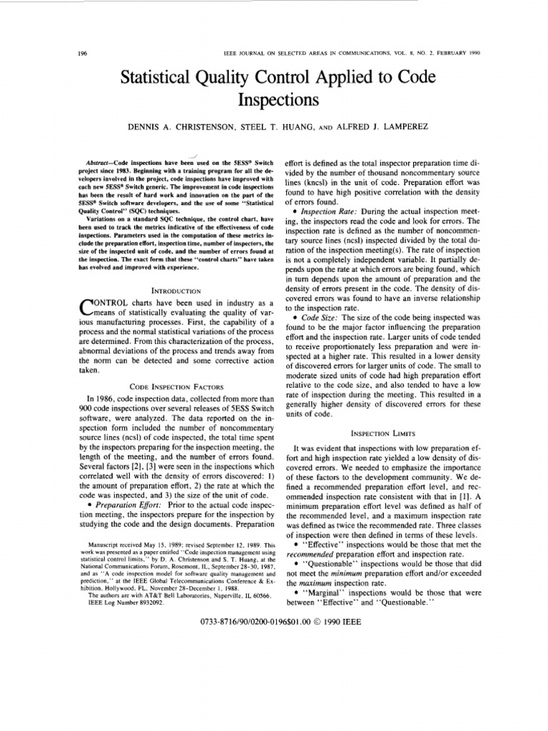 Statistical Quality Control in Code Inspections | PDF | Errors And ...