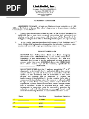 Secretarys Certificate ( to Open Bank Account)