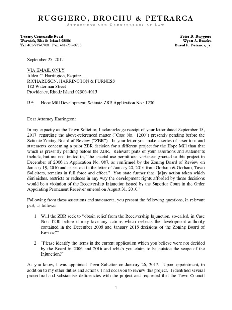 Ruggiero Letter to Receiver Sept. 25, 2017 Injunction Receivership