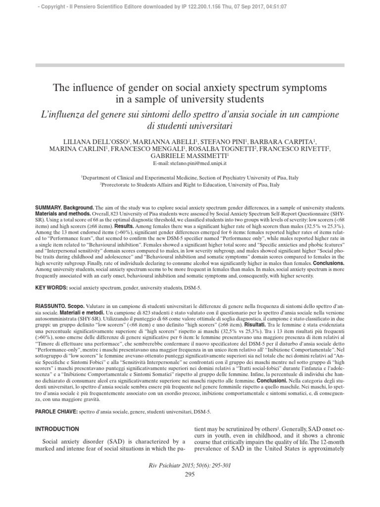 The Influence of Gender On Social Anxiety Spectrum Symptoms in A Sample ...