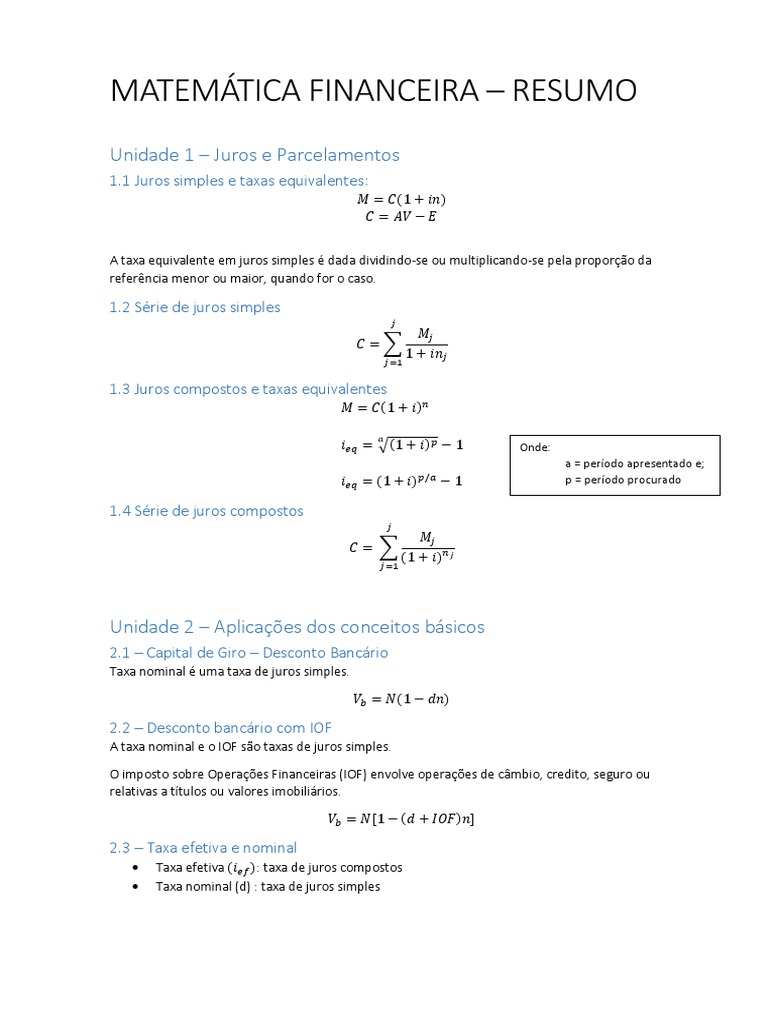 Resumo de Matemática Financeira | PDF | Finanças Matemáticas | Juros