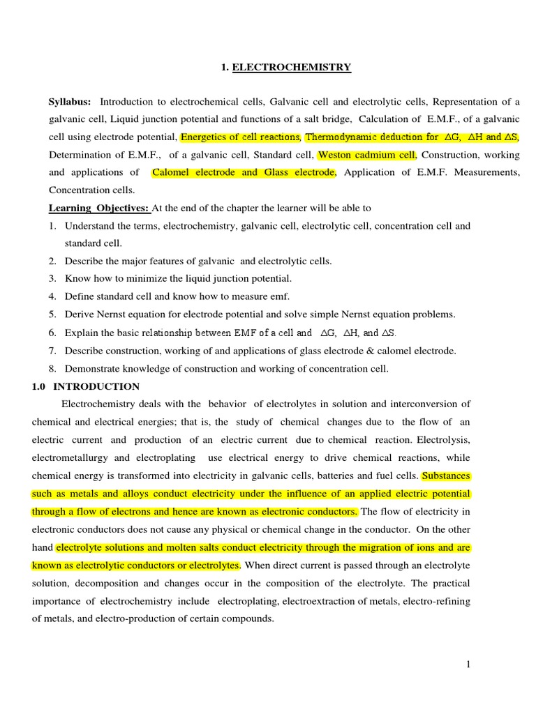 Unit 1 Electrochemistry PDF Electrochemistry Battery (Electricity)