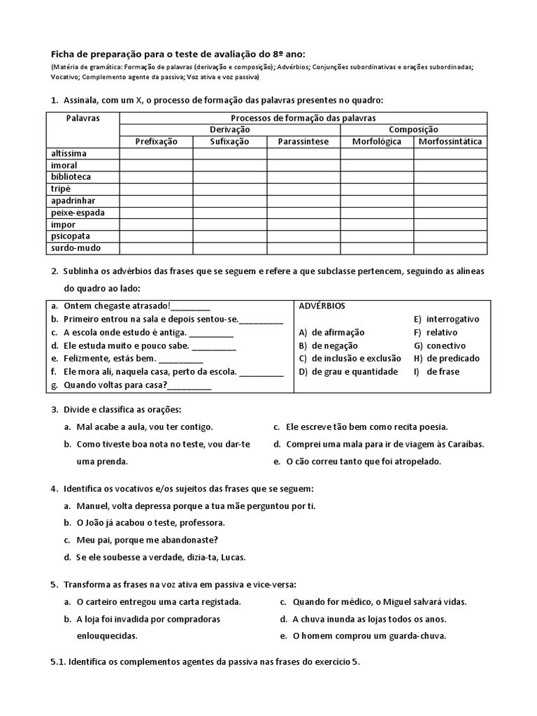 Ficha de Estudo: Gramática 8º Ano | PDF | Morfologia linguística ...