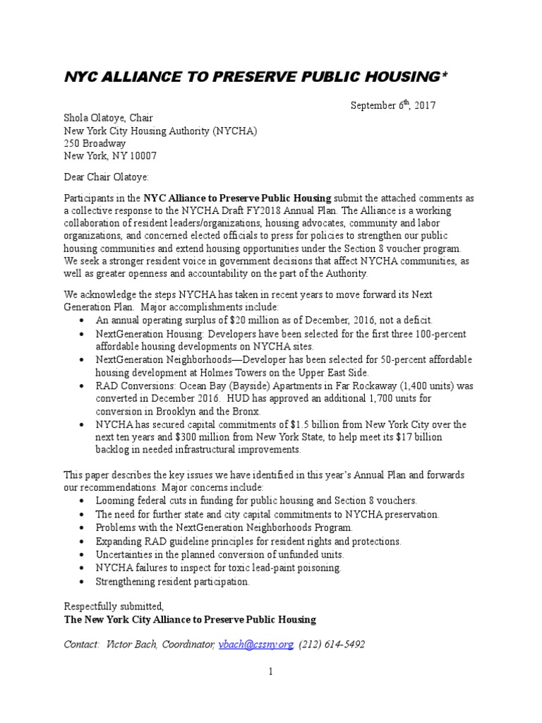 NYCAPPH Comments On NYCHA Plan Position 2017 | PDF | Affordable Housing ...