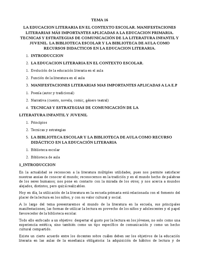 Tema 16 Maestro Primaria | PDF | Literatura infantil | Lectura (proceso)