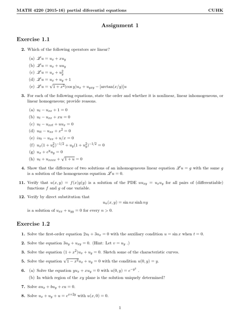 Suggested Solution To Assignment 1 Math42 Partial Differential Equation Equations