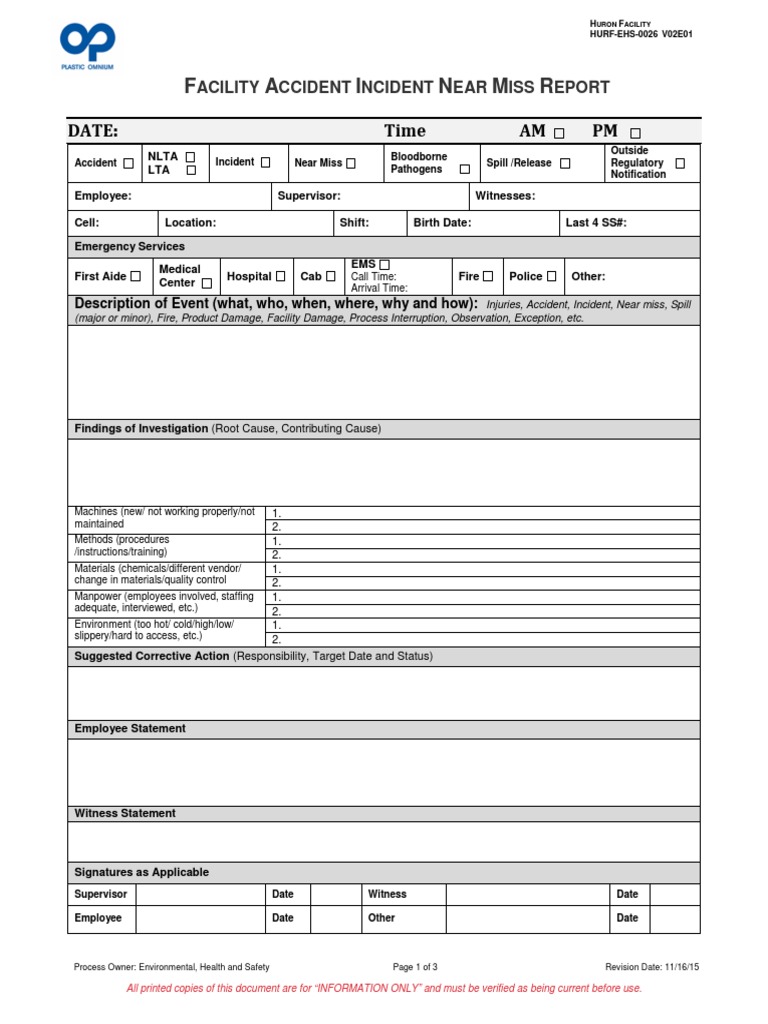 Huron Facility Accident Report Form | PDF | Occupational Safety And ...