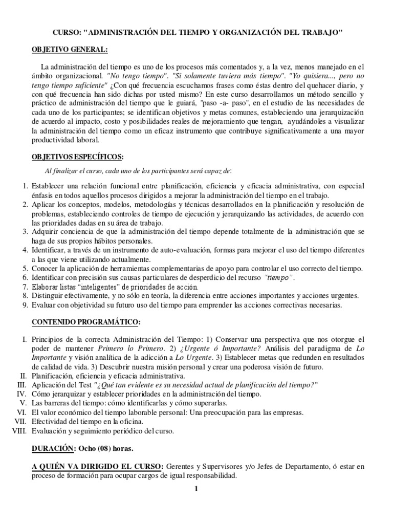 Curso de Administración del Tiempo Eficaz | PDF | Planificación | Toma ...