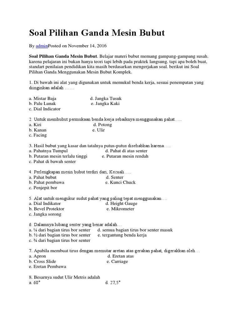 Contoh Soal Mesin Bubut Dikdasmen