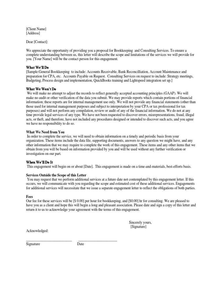 Engagement Letter Template  PDF  Audit  Business In Bookkeeping Letter Of Engagement Template