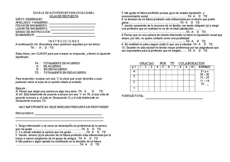 Escala de Autopercepcion Vocacional | PDF