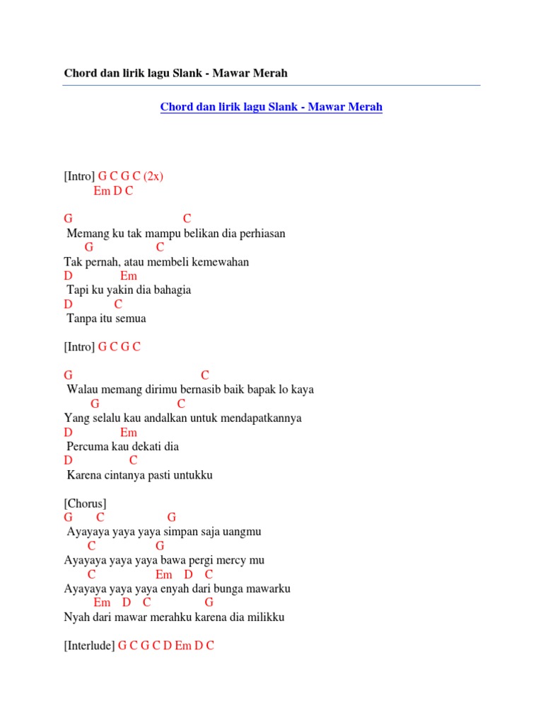 Chord Dan Lirik Lagu Slank Mawar Merah