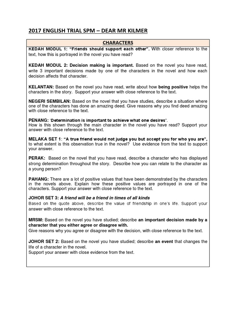 2017 English Trial Spm Dear Mr Kilmer Pdf