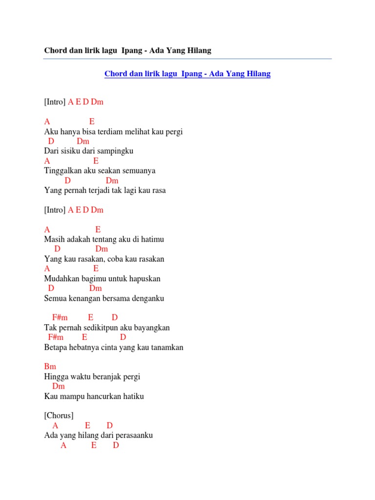 Chord Dan Lirik Lagu Ipang Ada Yang Hilang Pdf