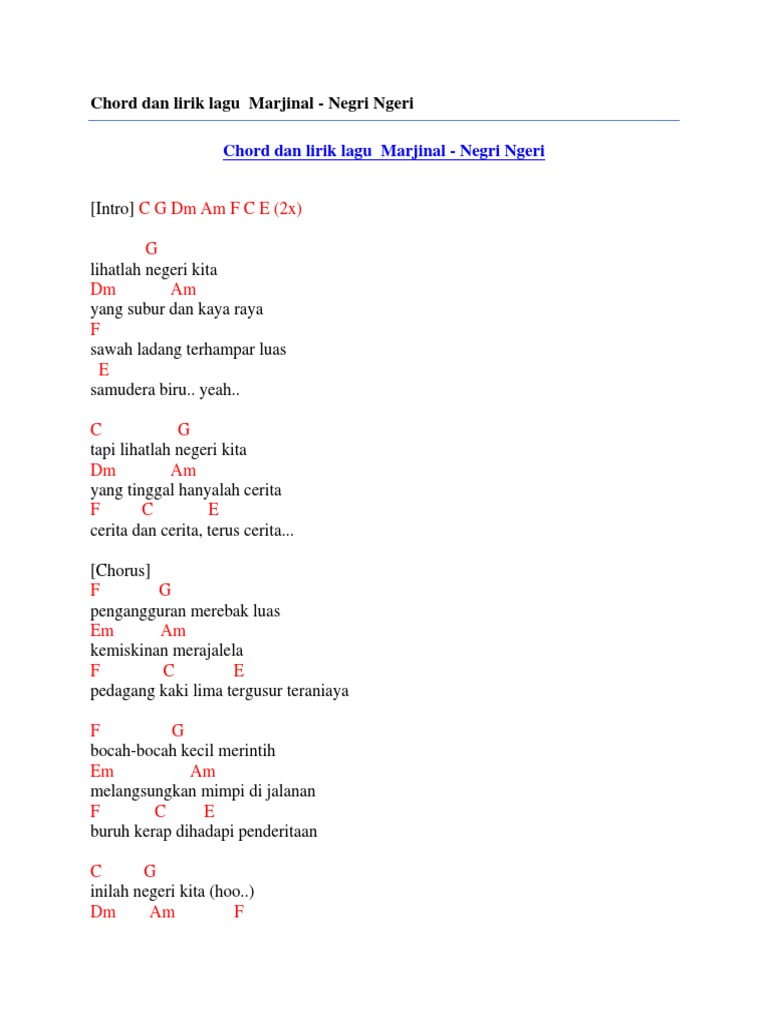 Chord Dan Lirik Lagu Marjinal Negri Ngeri