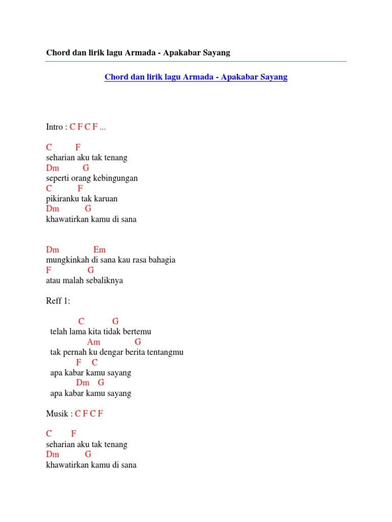 Chord Dan Lirik Lagu Armada Apakabar Sayang