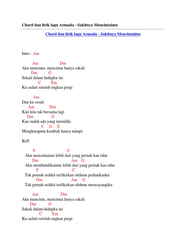 Chord Dan Lirik Lagu Armada Sakitnya Mencintaimu