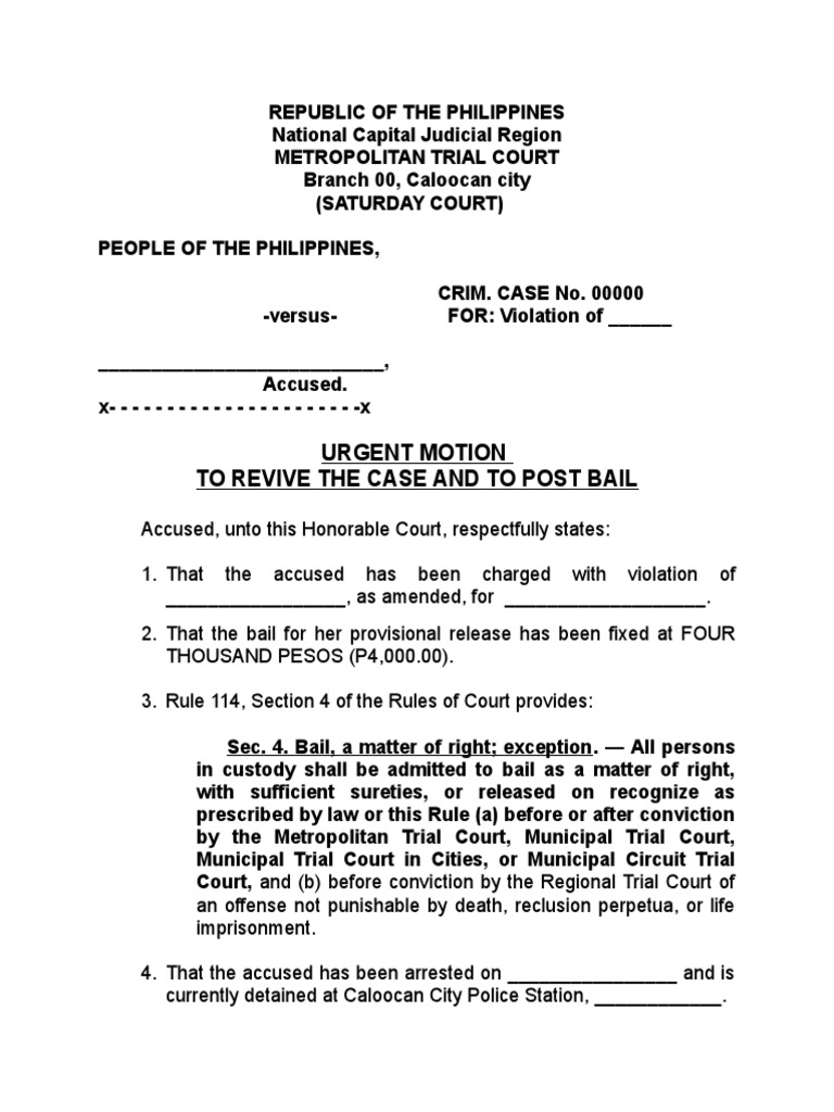 Motion To Post Bail Sample Bail Criminal Justice