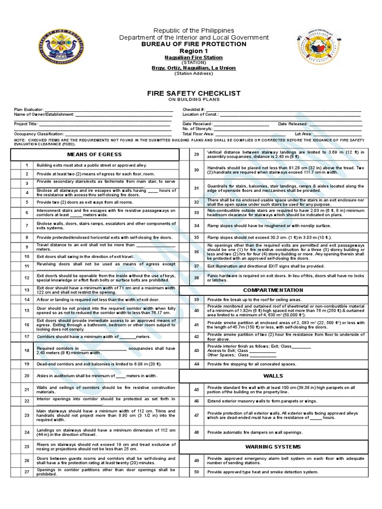 Fire Safety Checklist for Building Plans | PDF | Stairs | Door