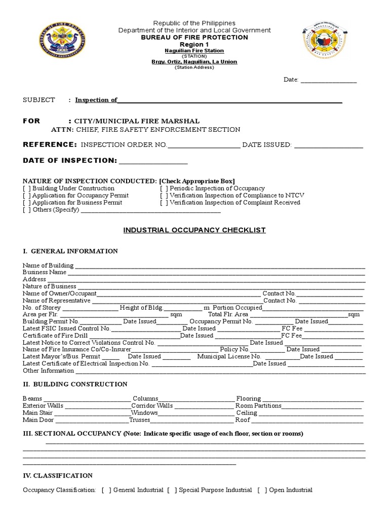 Industrial Occupancy Inspection Checklist | PDF | Door | Stairs