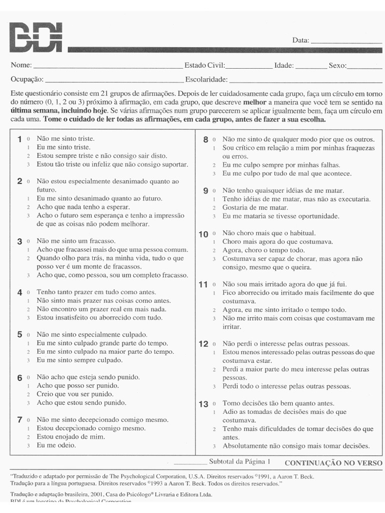Beck Depression Inventory PDF | PDF