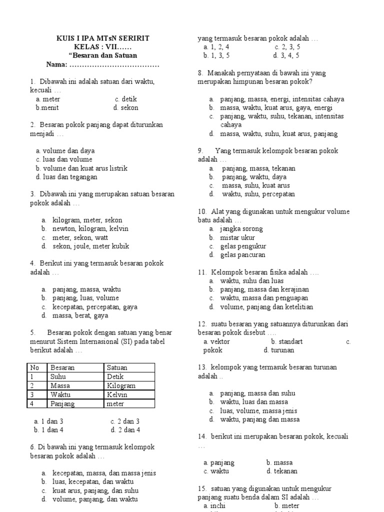 Soal Ipa Besaran Satuan
