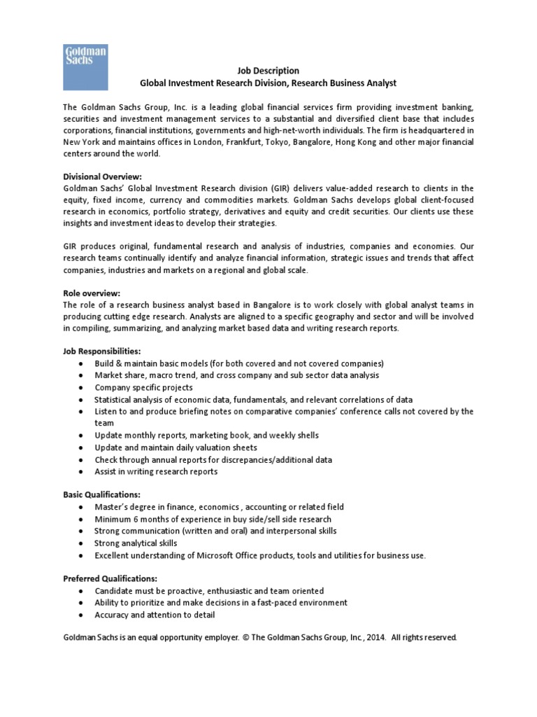 Gir Research Business Analyst Job Description Financial Analyst Goldman Sachs