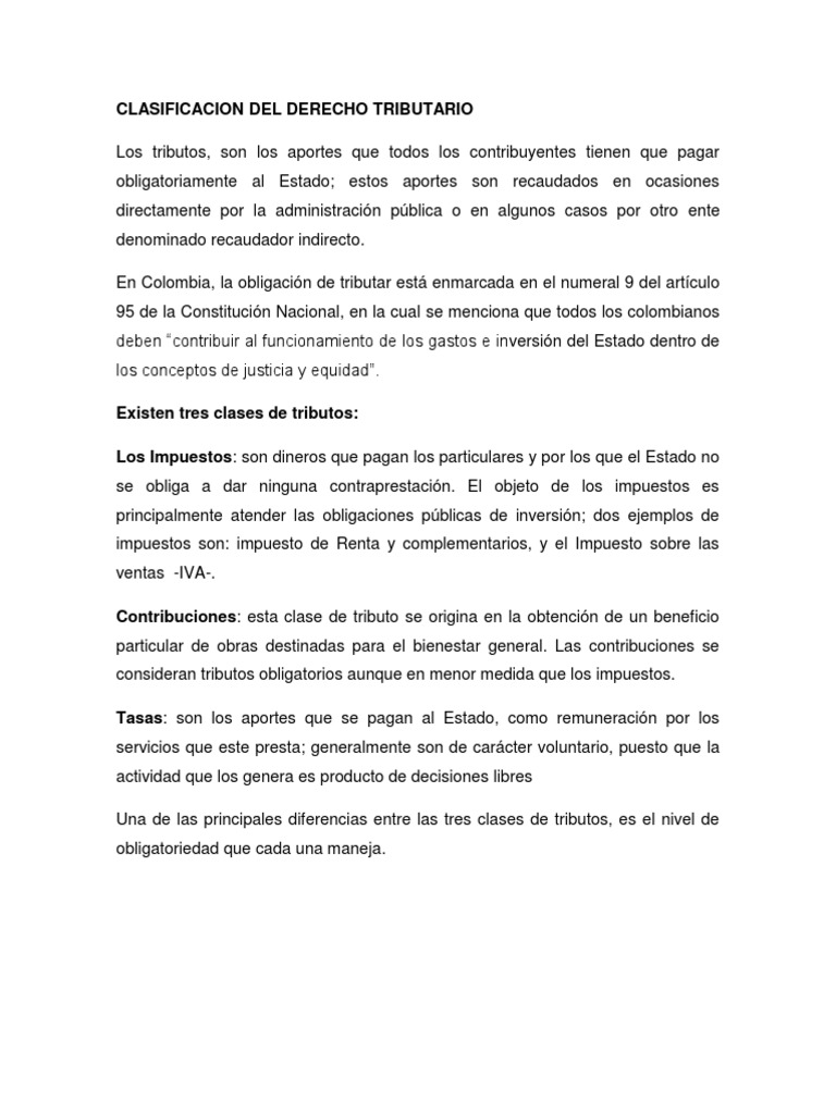 Clasificacion Del Derecho Tributario PDF Impuestos