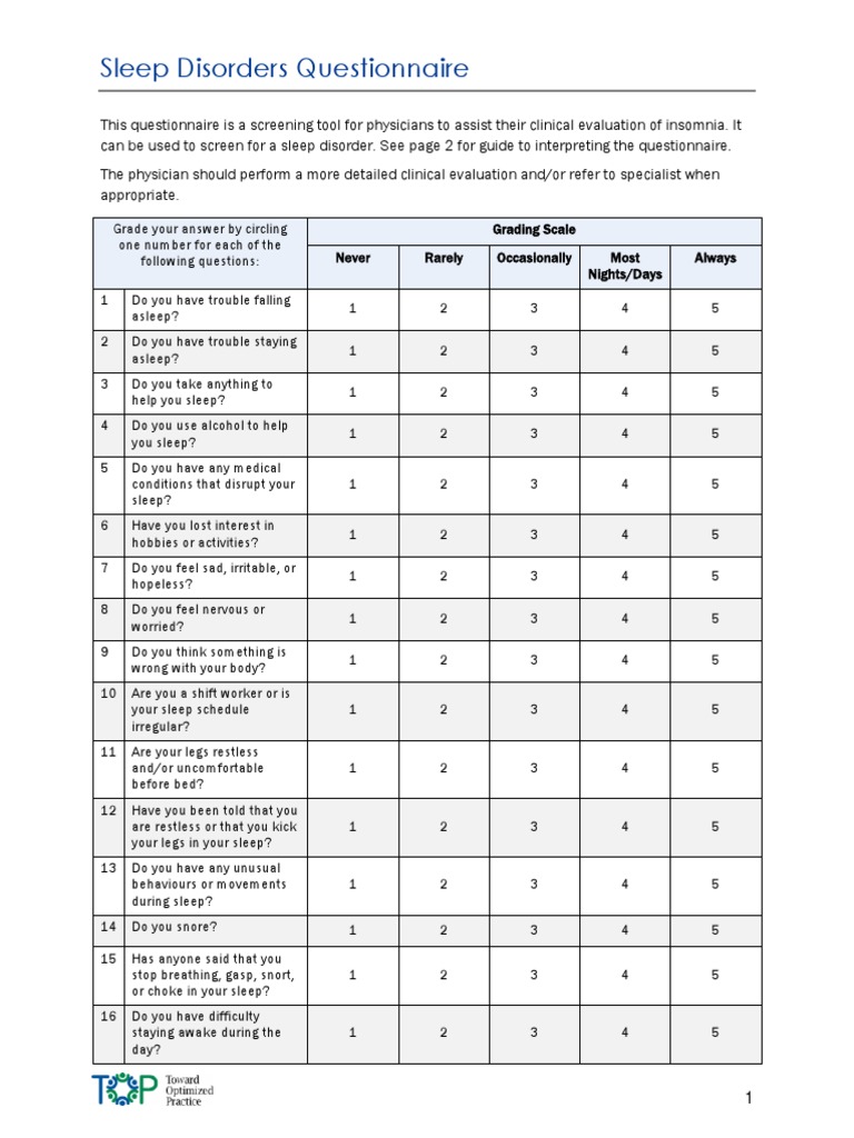 Sleep disorders questionnaire insomnia sleep