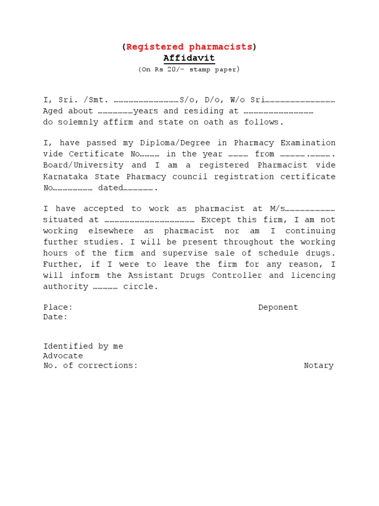 AFFIDAVIT registered pharmacist karnataka.pdf | Pharmacist | Affidavit