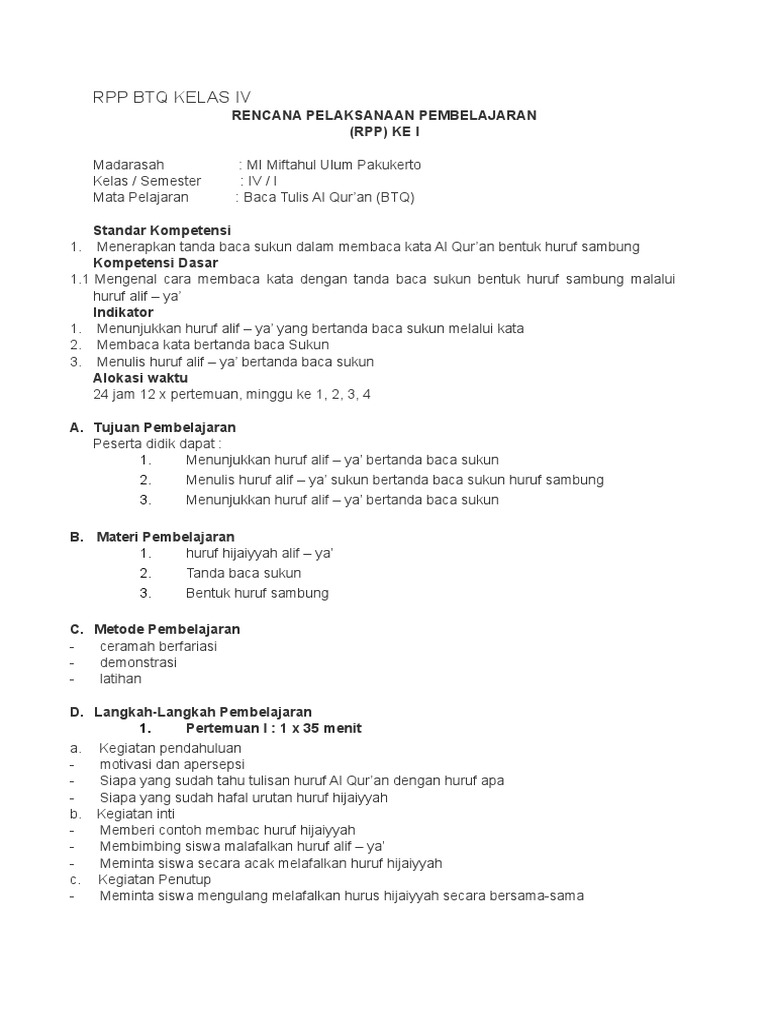 Rpp Btq Kelas Iv