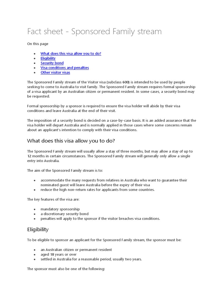 Fact Sheet Sponsored Family Stream What Does This Visa Allow You To Do? Download Free PDF