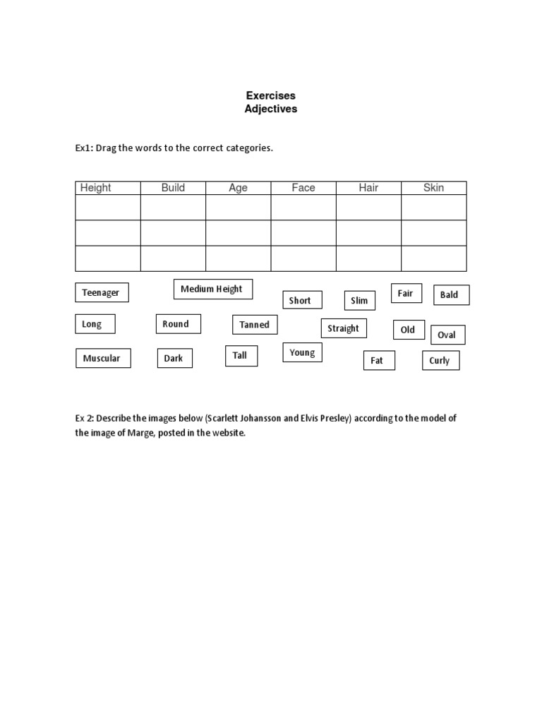 Table Description Adjectives Exercise | PDF | Self-Improvement