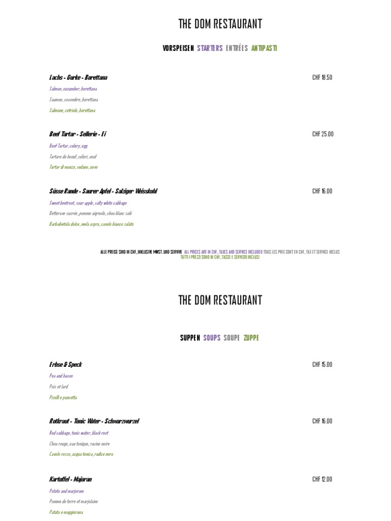 Menu of The Dom Restaurant in CHF | PDF | Cooking, Food & Wine