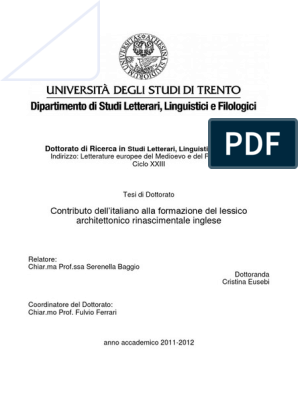 Contributo Dell'italiano Alla Formazione Del Lessico Architettonico  Rinascimentale Inglese PDF