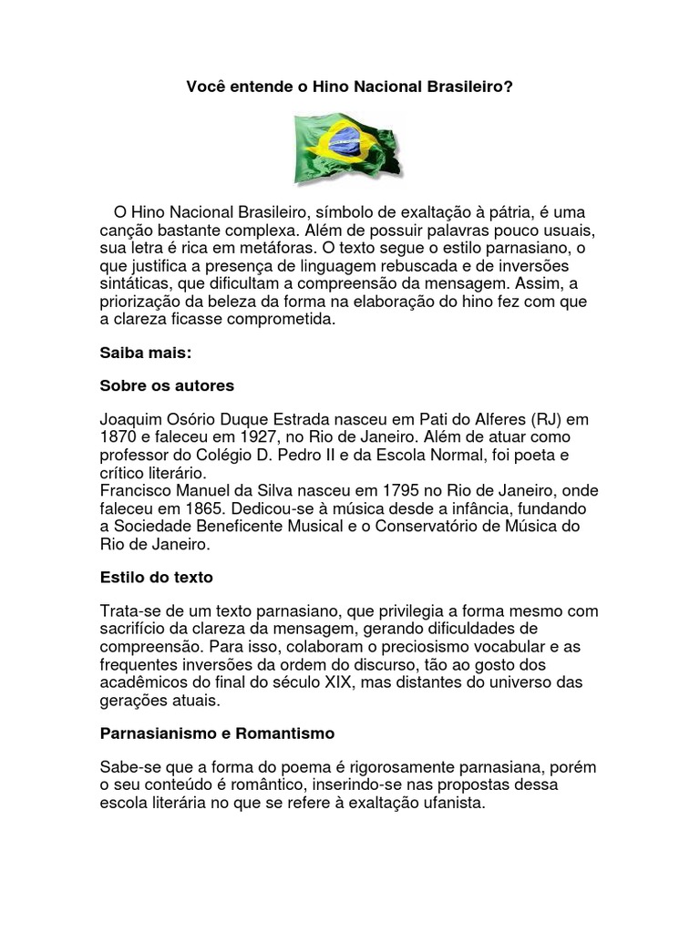 Interpretação do Hino Nacional Brasileiro | PDF | Romantismo | Amor
