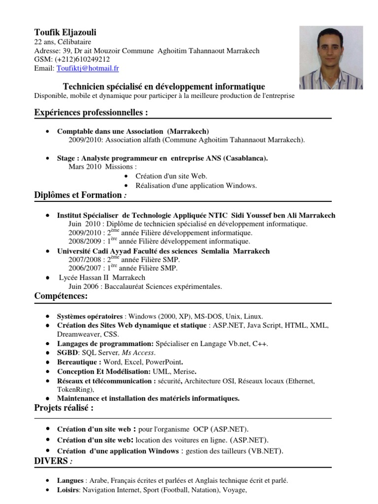 exemple d un cv technicien