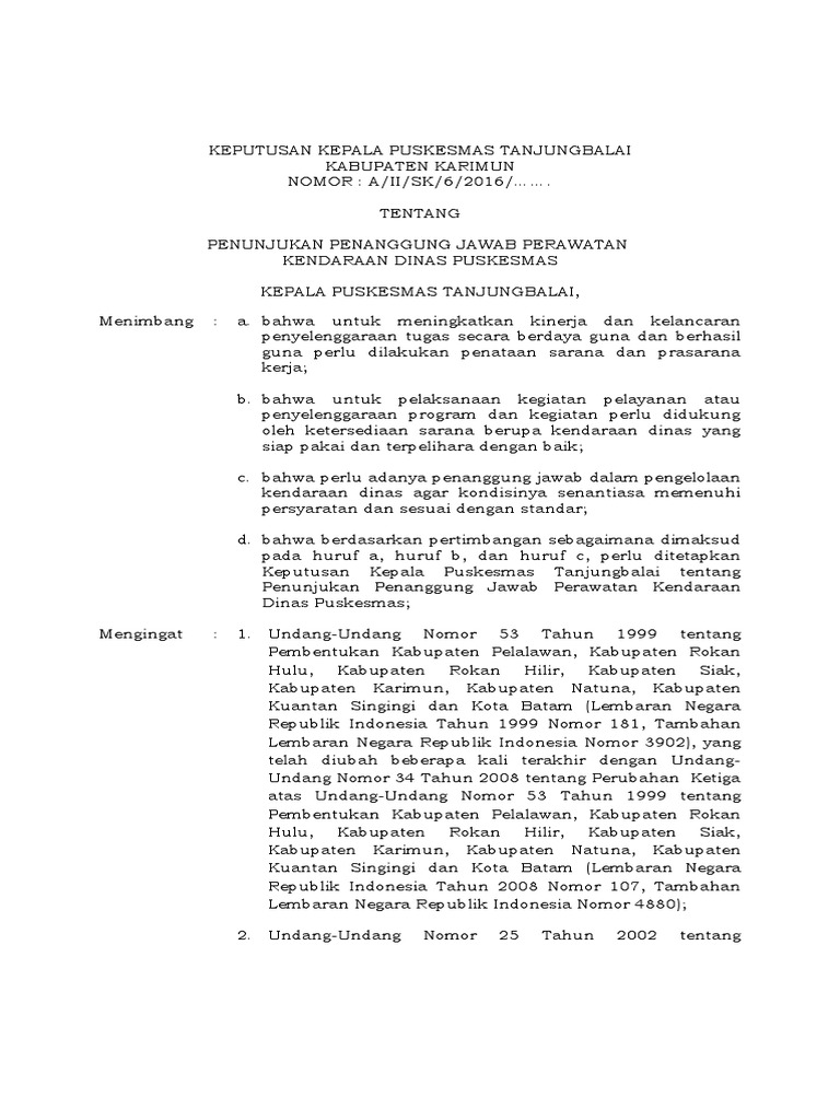 Contoh SK Penanggung Jawab Kendaraan Dinas PDF