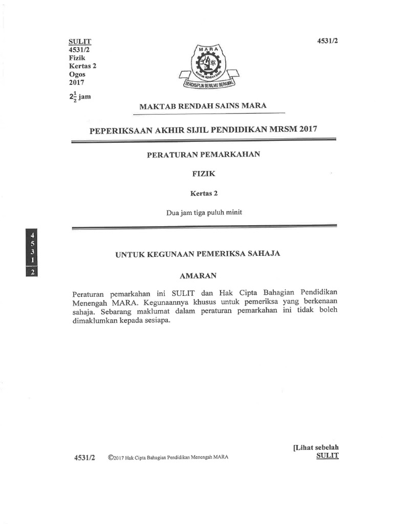 Peraturan Pemarkahan Fizik Mrsm 2017 K2 Pdf