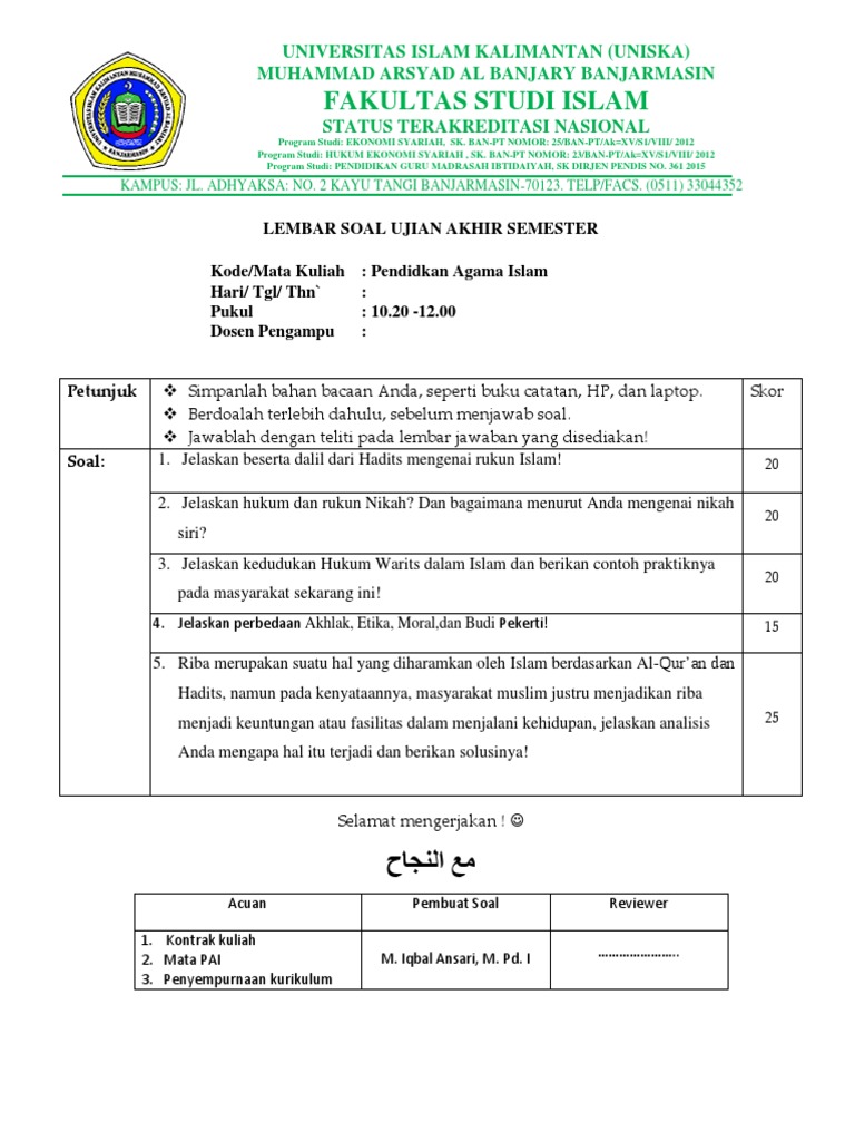 Soal Uas Agama Kuliah Semester 1 - Riset