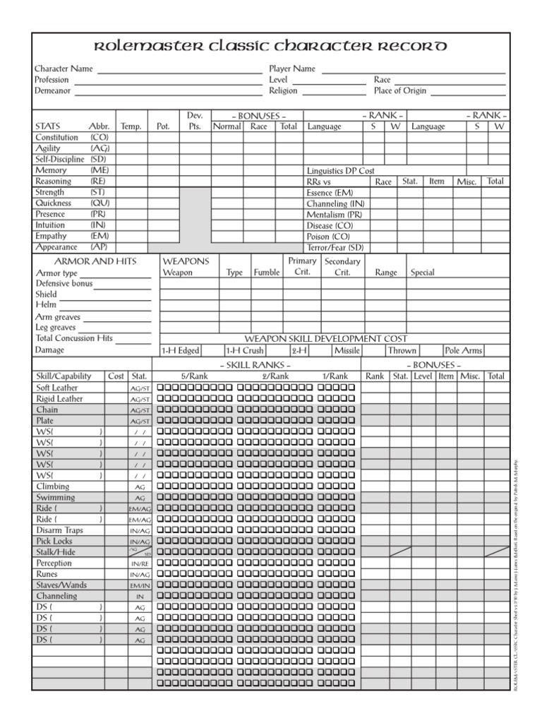 Rolemaster Classic Character Sheet PDF | PDF | Role Playing Games | Leisure