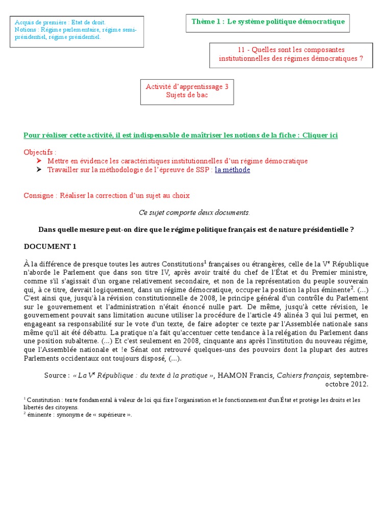 Régime Parlementaire Et Régime Présidentiel Dissertation Pdf